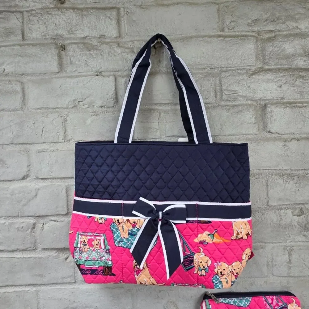 N.Gil Quilted Tote Bag Set Pink Golden Retriever Puppy Dog Print 3 Piece NWT